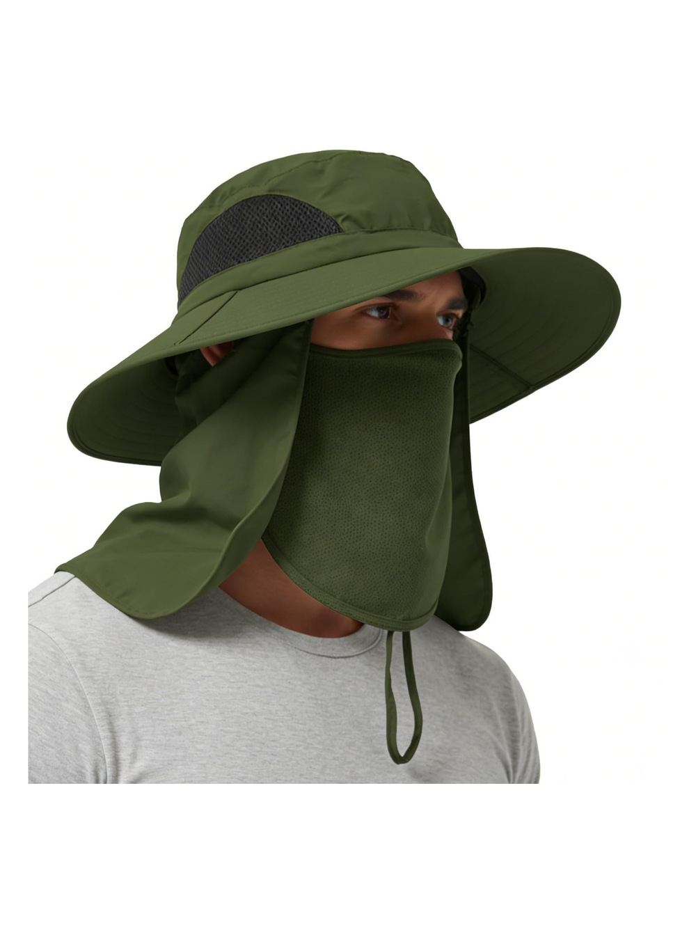 Wide Brim Sun Bucket Hat, Waterproof | Army Green (Full Coverage) | Size OS